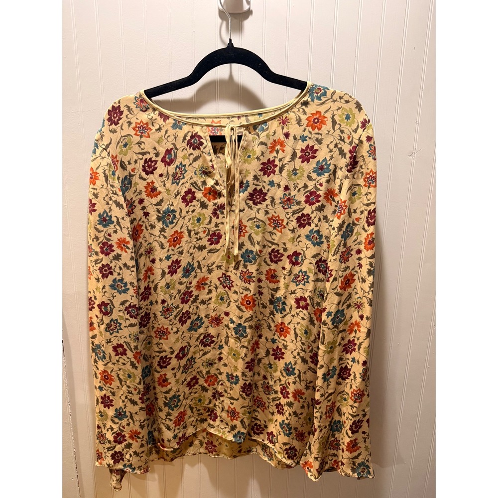 100% Silk Floral Long Sleeve Blouse Split Tie Neck Boho Top Multi-Color